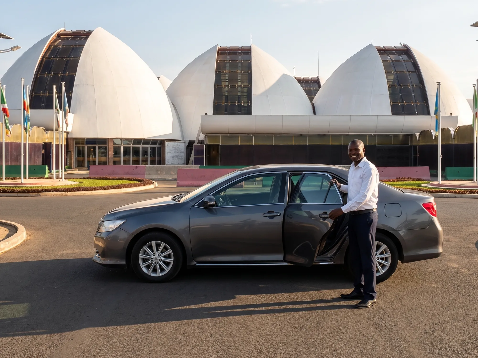 A chauffeur holding the rear door open beside a sedan at the Melchior Ndadaye airport arrivals kerb in Bujumbura